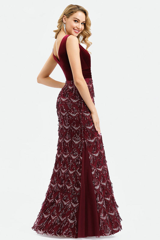 Luxurious Burgundy V-Neck Mermaid Evening Prom Dress with Tassels-BallBride