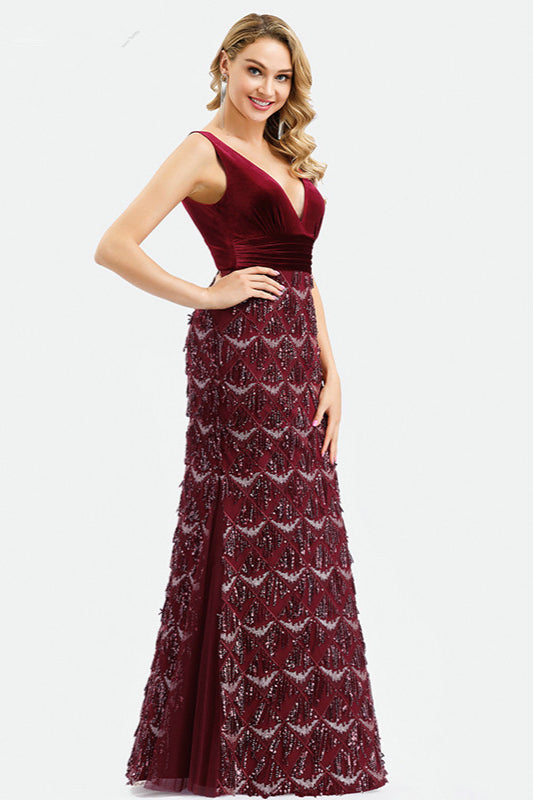 Luxurious Burgundy V-Neck Mermaid Evening Prom Dress with Tassels-BallBride