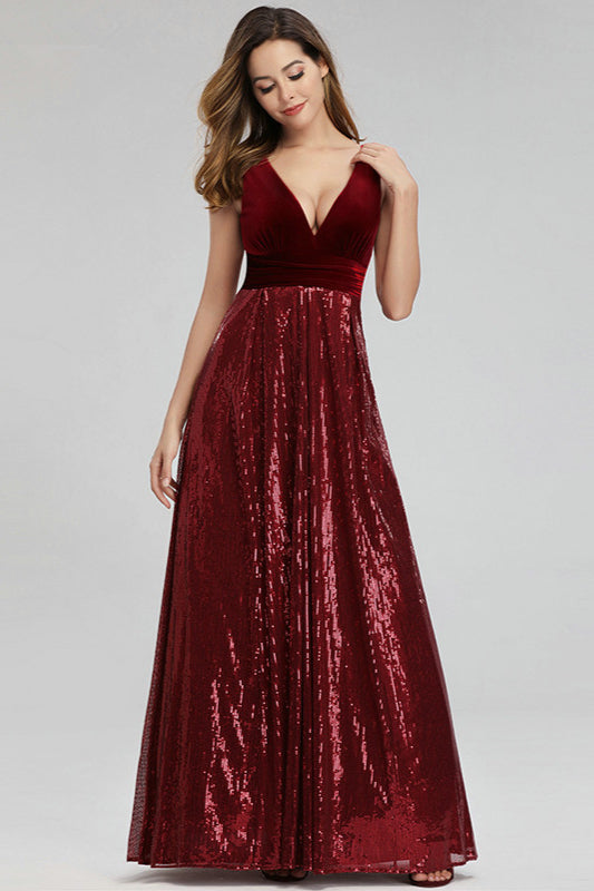Luxurious Burgundy Velvet Sequins Long Prom Dress-BallBride