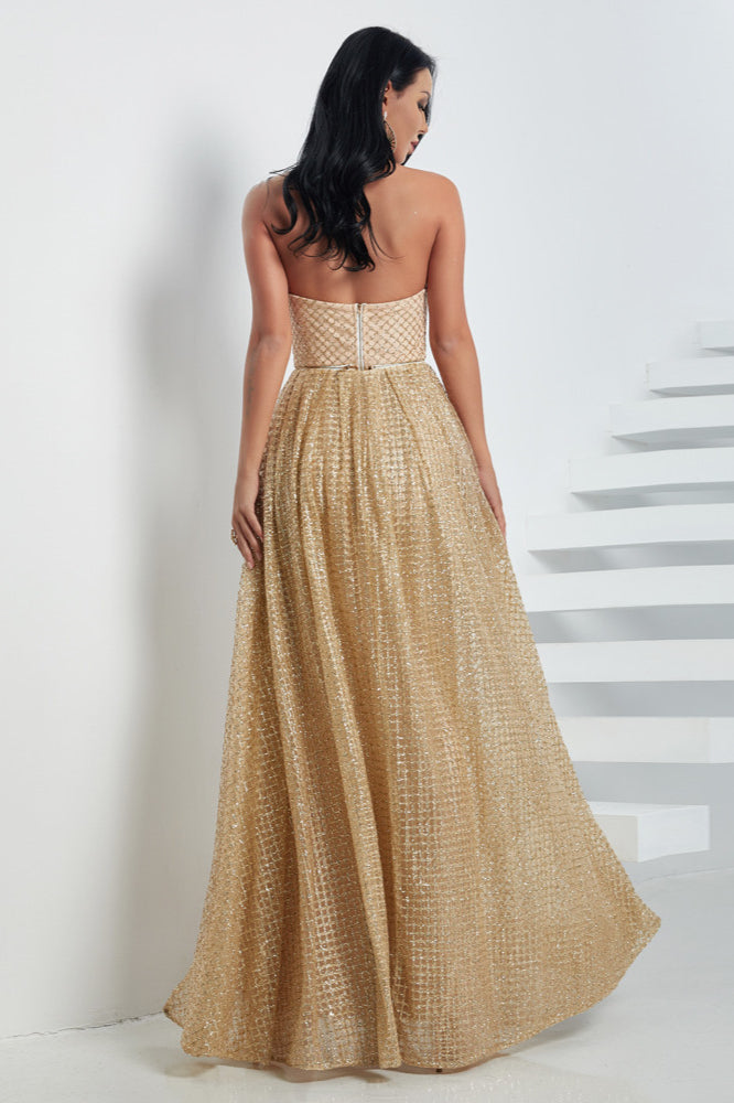 Luxurious Gold Strapless Sequins Prom Dress with Long Overskirt-BallBride