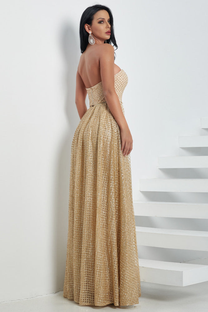 Luxurious Gold Strapless Sequins Prom Dress with Long Overskirt-BallBride