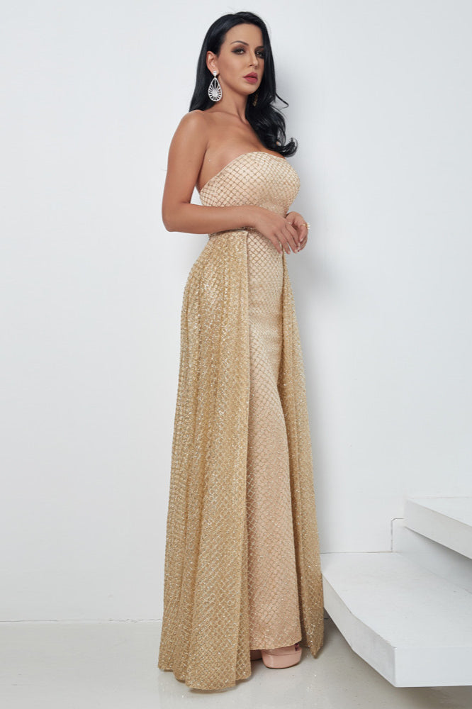 Luxurious Gold Strapless Sequins Prom Dress with Long Overskirt-BallBride