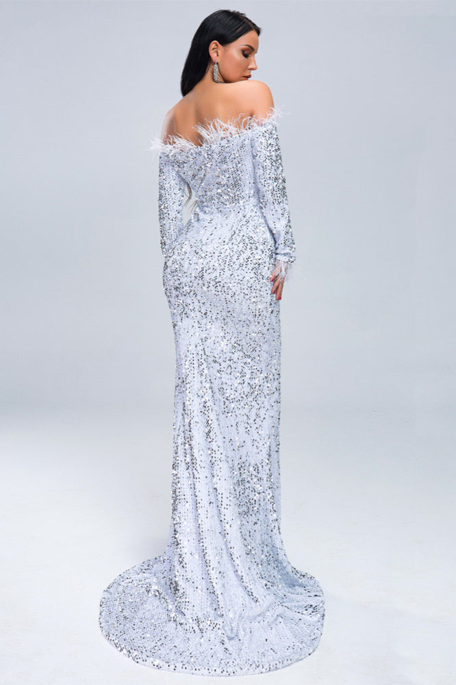 Luxurious Long Sleeves Mermaid Sequins Prom Dress with Feathers-BallBride