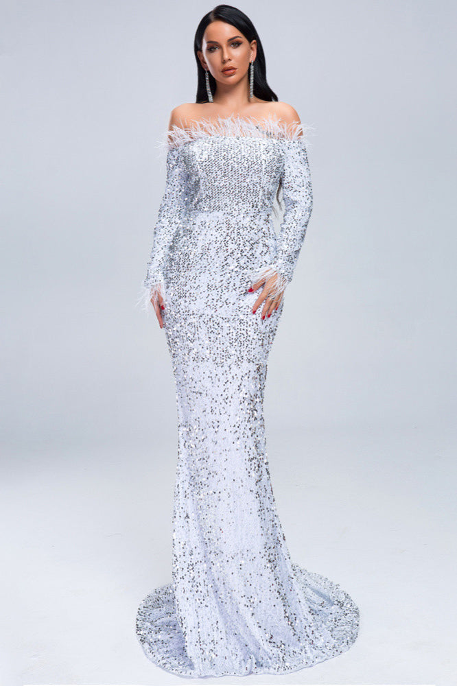 Luxurious Long Sleeves Mermaid Sequins Prom Dress with Feathers-BallBride