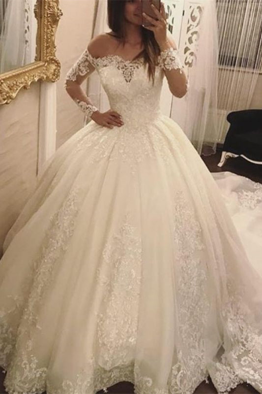 Luxurious Off-the-Shoulder Ball Gown Wedding Dress with Lace Appliques & Long Sleeves-BallBride