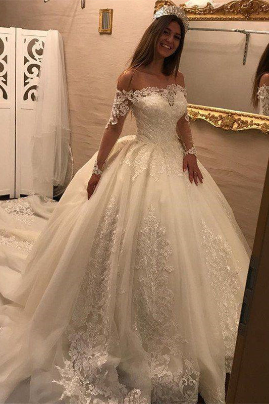 Luxurious Off-the-Shoulder Ball Gown Wedding Dress with Lace Appliques & Long Sleeves-BallBride
