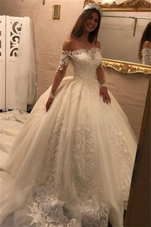 Luxurious Off-the-Shoulder Ball Gown Wedding Dress with Lace Appliques & Long Sleeves-BallBride