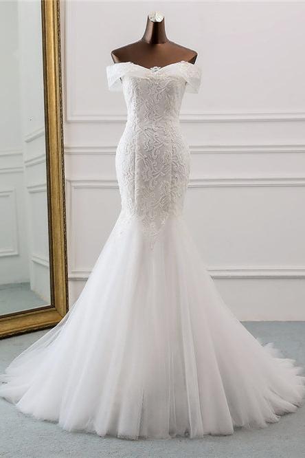 Luxurious Off-the-Shoulder Mermaid Wedding Dress With Tulle Lace-BallBride