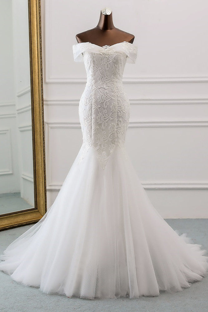 Luxurious Off-the-Shoulder Mermaid Wedding Dress With Tulle Lace-BallBride