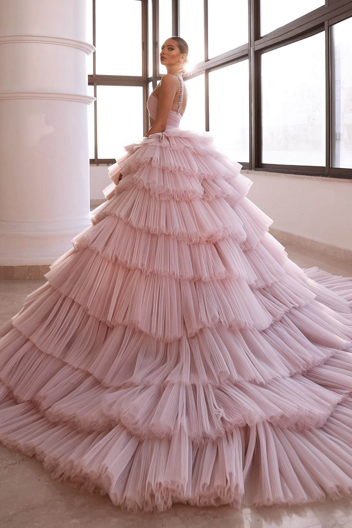Luxurious Tulle Layer V-Neck Prom Dress - Deep Pink Sleeveless-BallBride