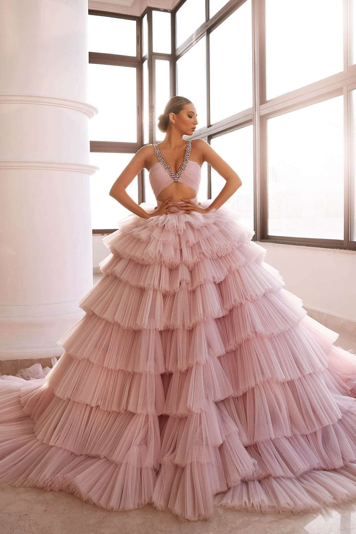Luxurious Tulle Layer V-Neck Prom Dress - Deep Pink Sleeveless-BallBride