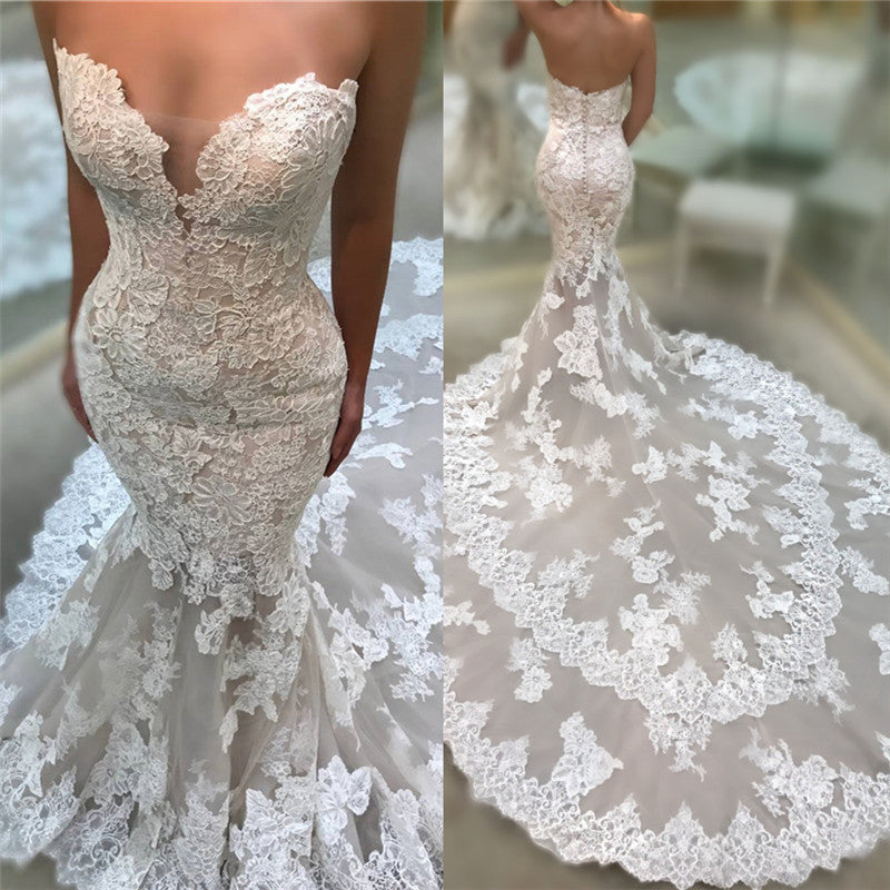 Luxurious V-Neck Backless Long Mermaid Lace Appliques Wedding Dress Strapless-BallBride