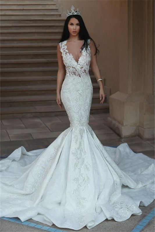 Luxurious V-Neck Mermaid Wedding Dress With Lace Appliques Sleeveless-BallBride