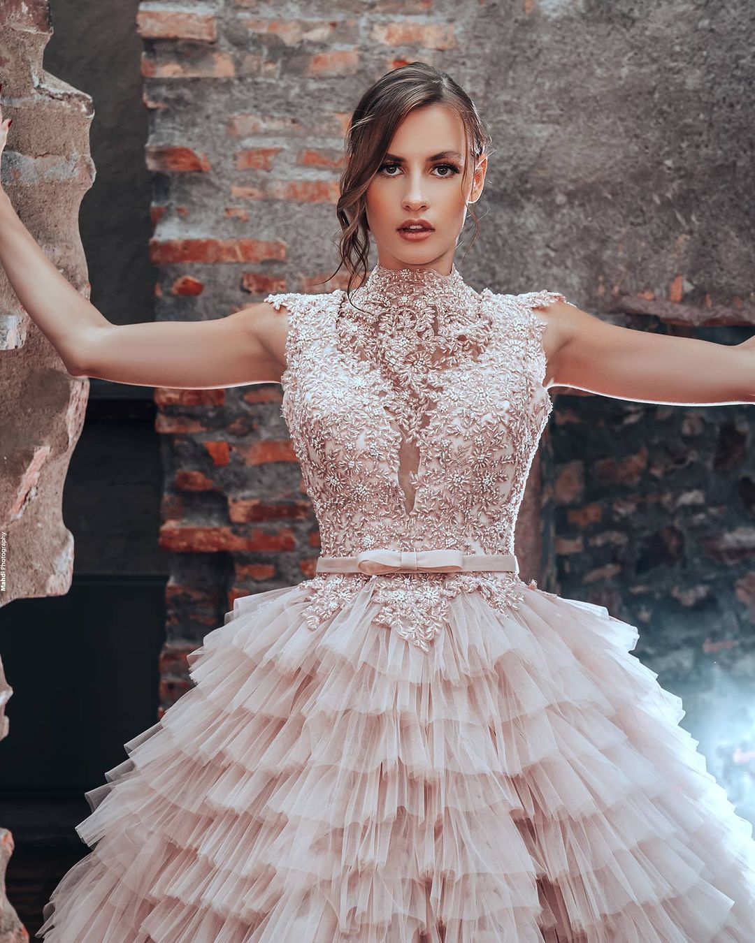 Luxury A-Line High Neck Princess Wedding Dress With Tulle-BallBride