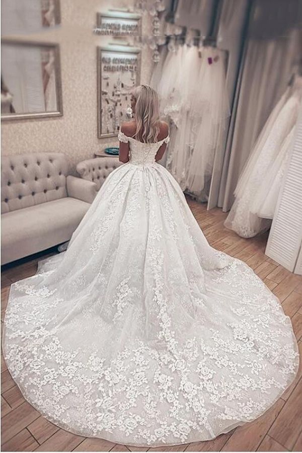 Luxury A-Line Lace Off Shoulder Wedding Dress-BallBride