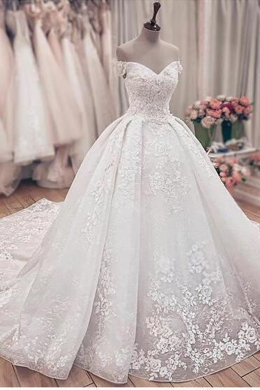 Luxury A-Line Lace Off Shoulder Wedding Dress-BallBride