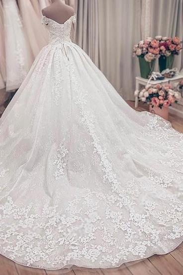 Luxury A-Line Lace Off Shoulder Wedding Dress-BallBride