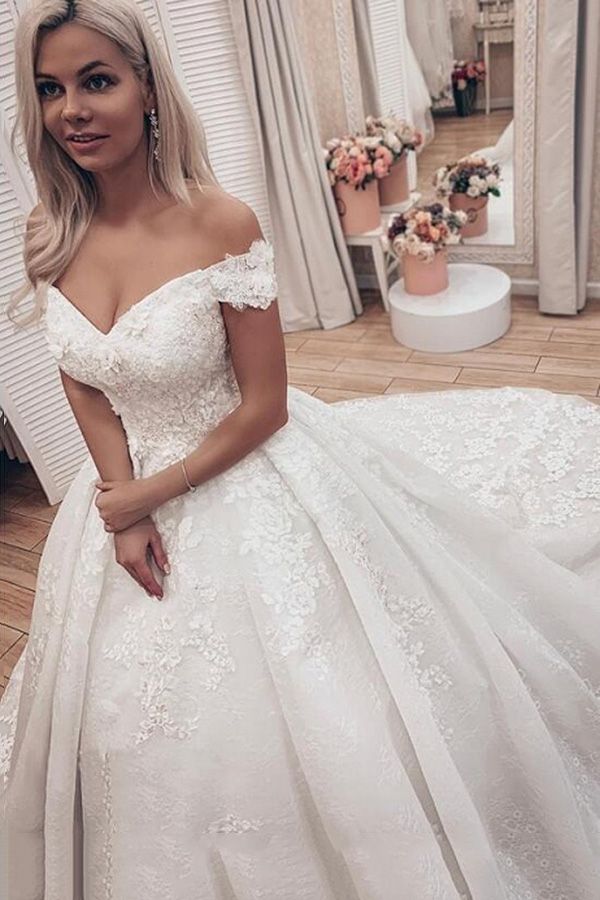 Luxury A-Line Lace Off Shoulder Wedding Dress-BallBride