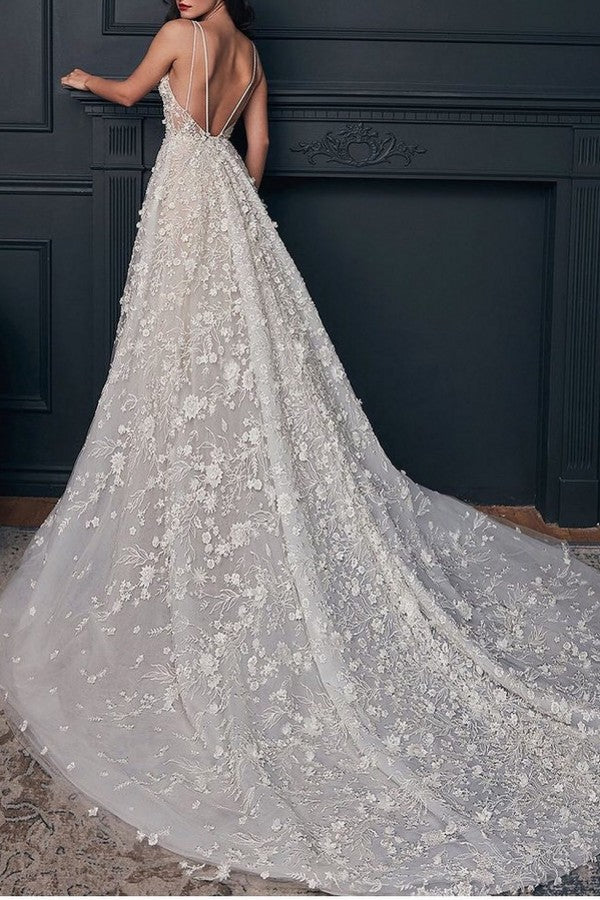 Luxury A-line Lace Wedding Dress with Open Back & Appliques-BallBride
