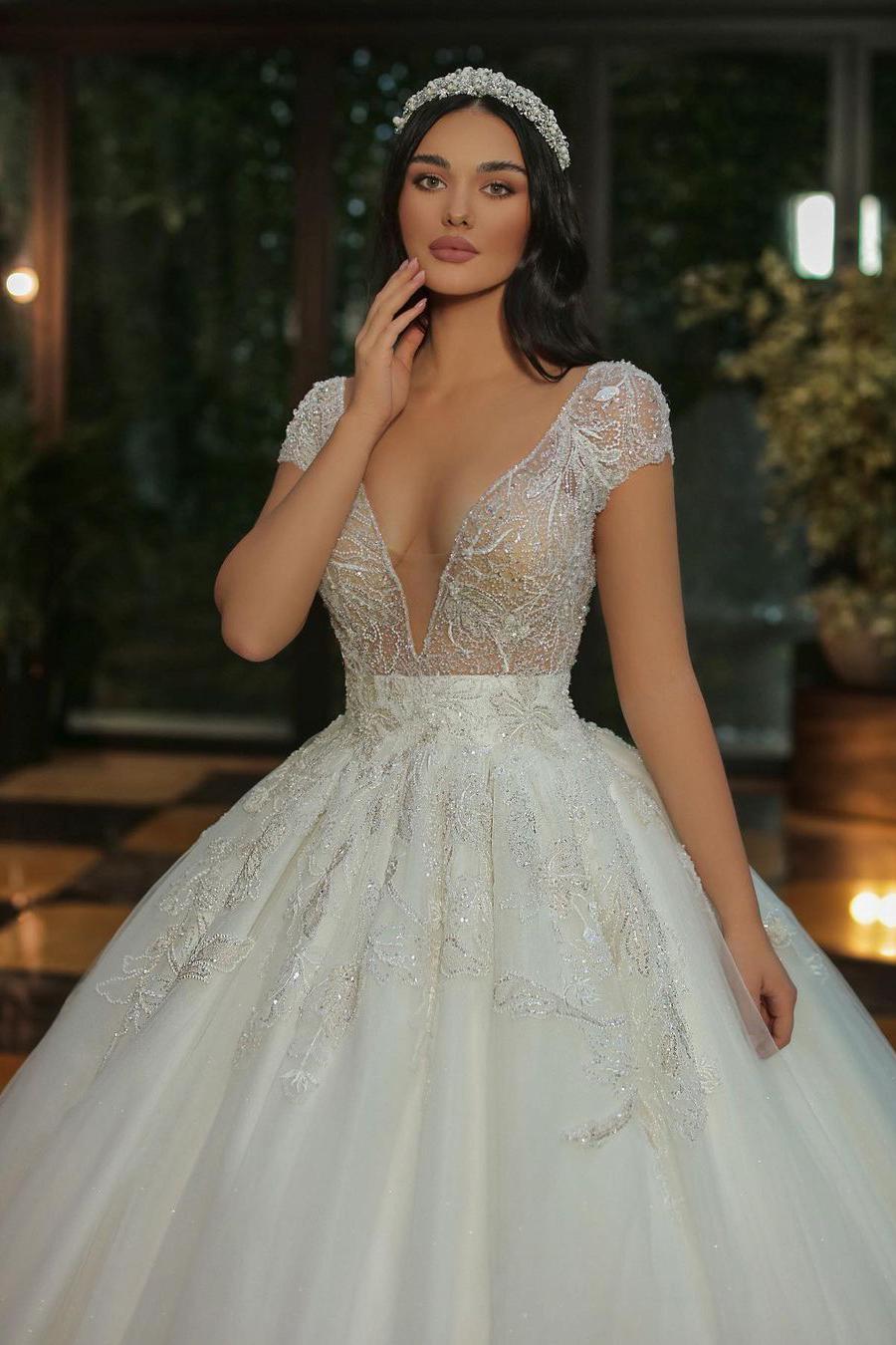 Luxury A-line V-neck Cap Sleeves Wedding Dress with Beads and Tulle-BallBride