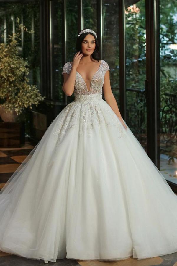 Luxury A-line V-neck Cap Sleeves Wedding Dress with Beads and Tulle-BallBride