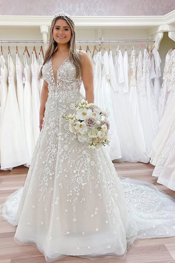 Luxury A-line V-neck Lace Wedding Dress With Open Back Appliques-BallBride