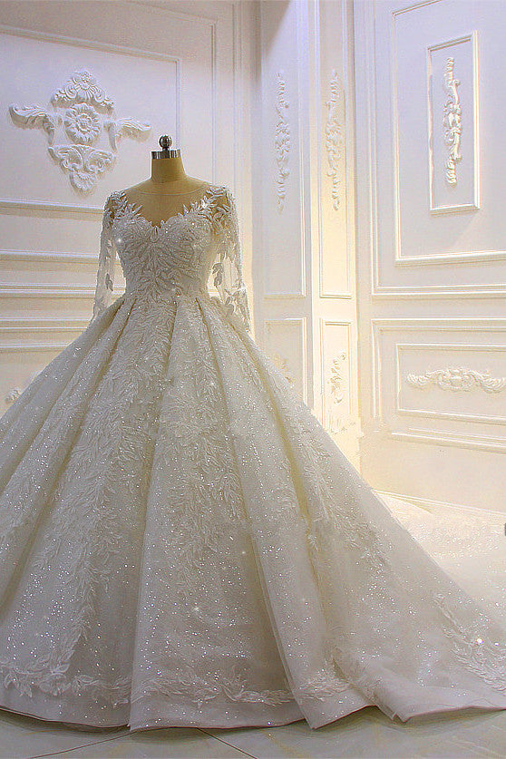 Luxury Beading Wedding Dress With Lace Appliques and Long Church Train Sleeves-BallBride