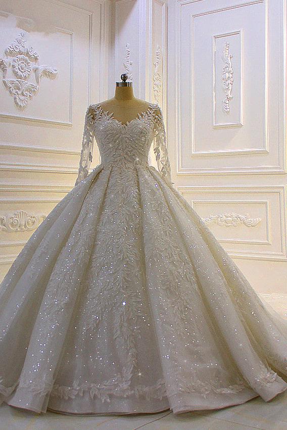 Luxury Beading Wedding Dress With Lace Appliques and Long Church Train Sleeves-BallBride
