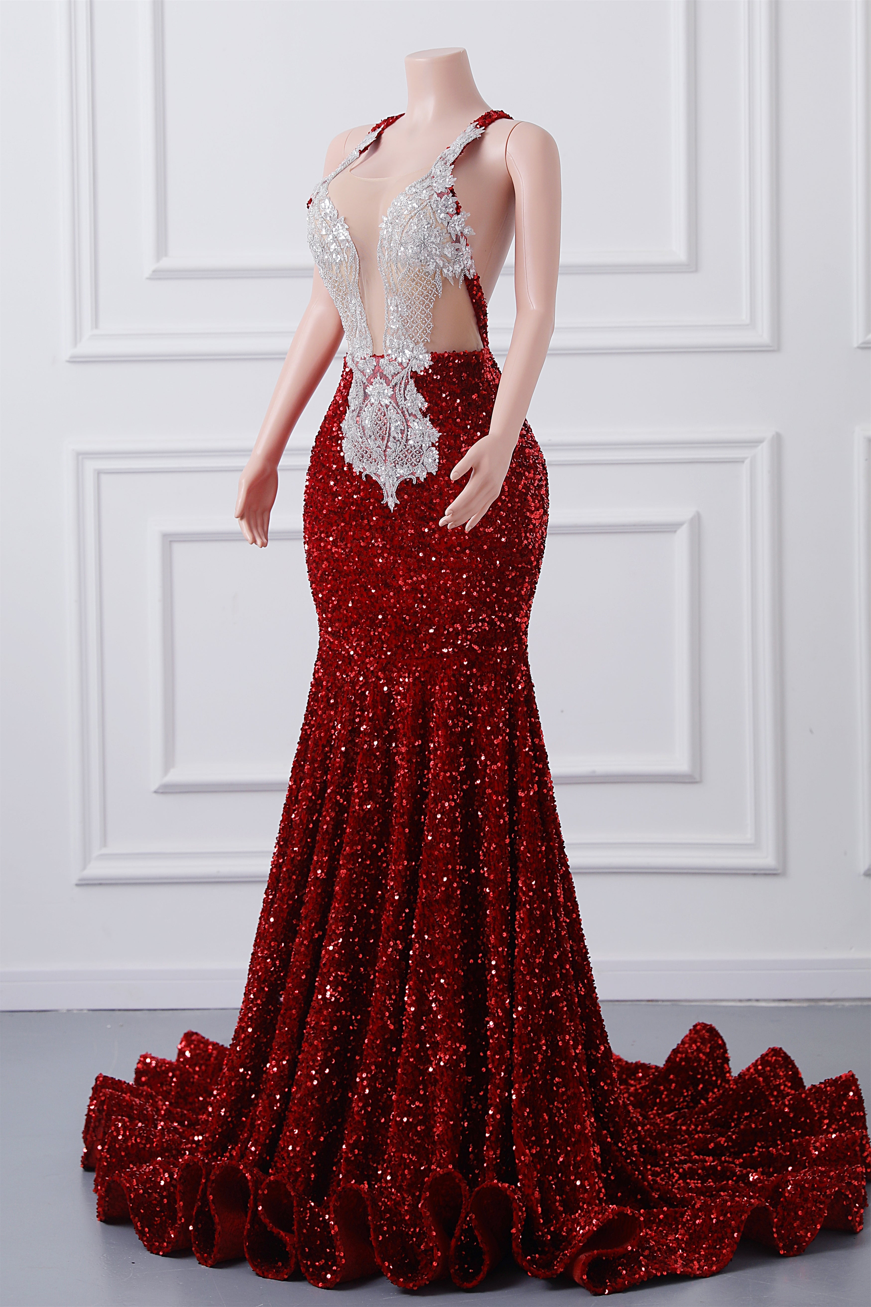 Luxury Burgundy Sequin Mermaid Silver Beaded Court Trian Prom Dresses-BallBride