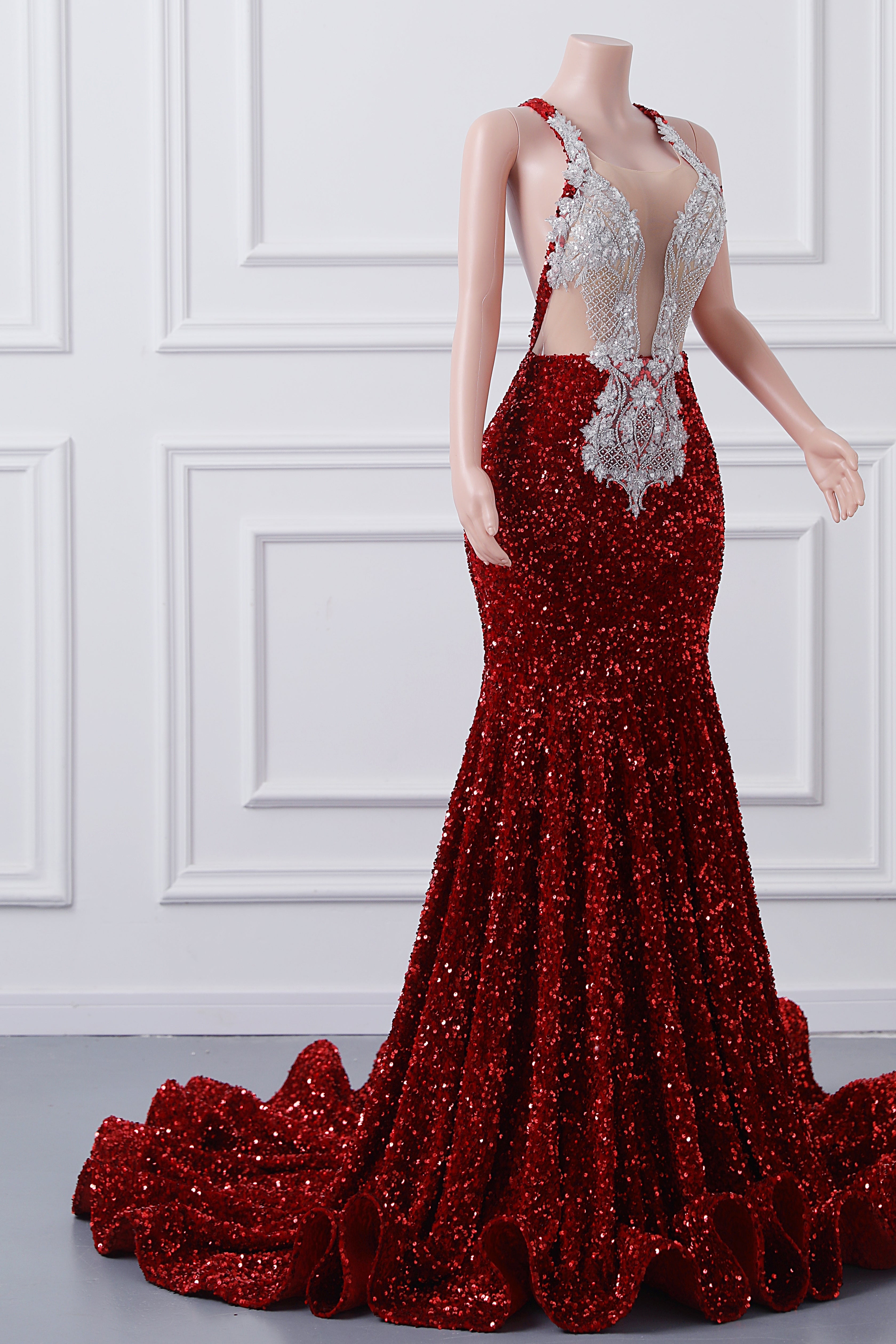 Luxury Burgundy Sequin Mermaid Silver Beaded Court Trian Prom Dresses-BallBride