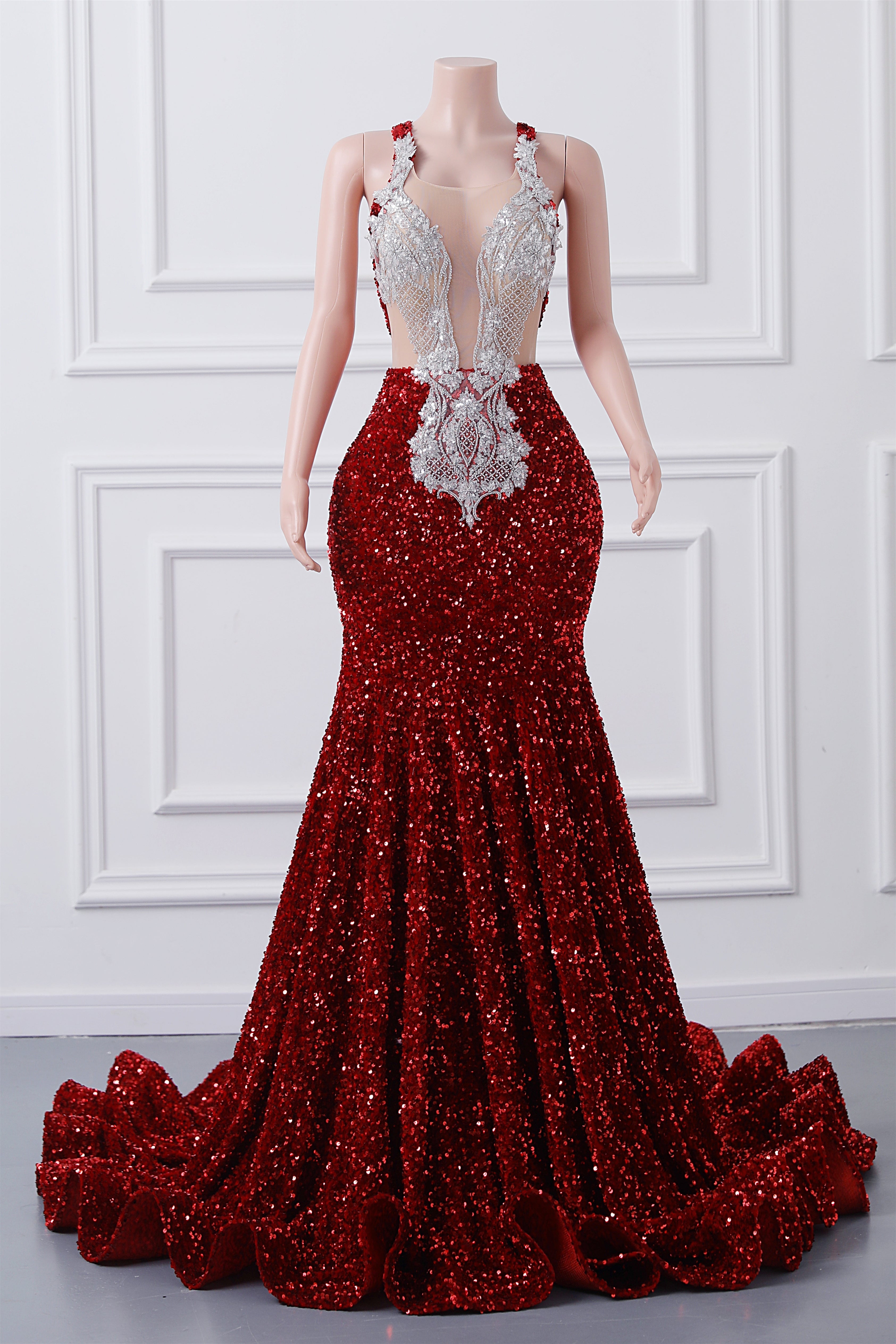 Luxury Burgundy Sequin Mermaid Silver Beaded Court Trian Prom Dresses-BallBride