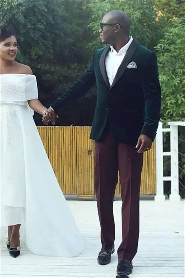 Luxury Dark Green Velvet Shawl Lapel Wedding Suits for Men-BallBride