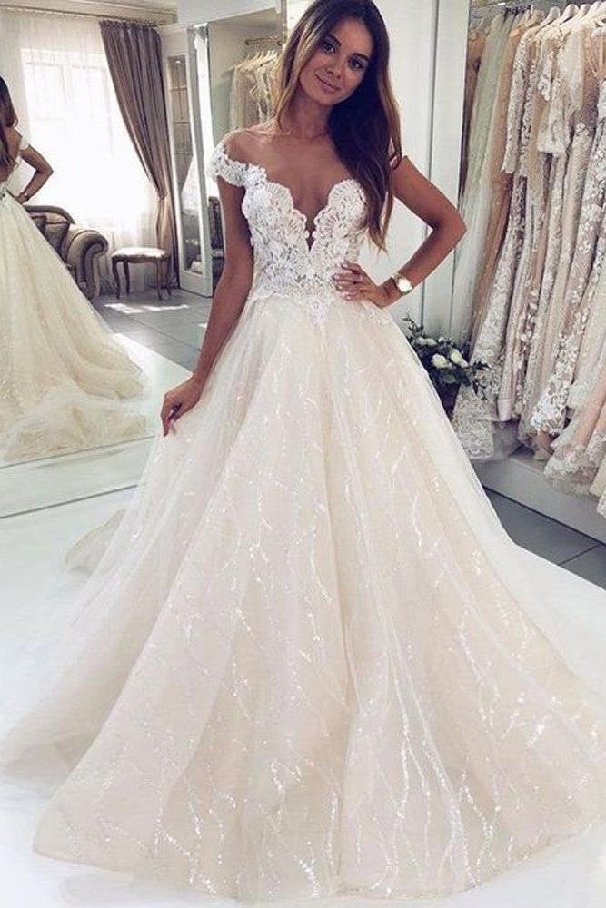 Luxury Long A-line Tulle Open Back Wedding Dress With Off-the-shoulder-BallBride