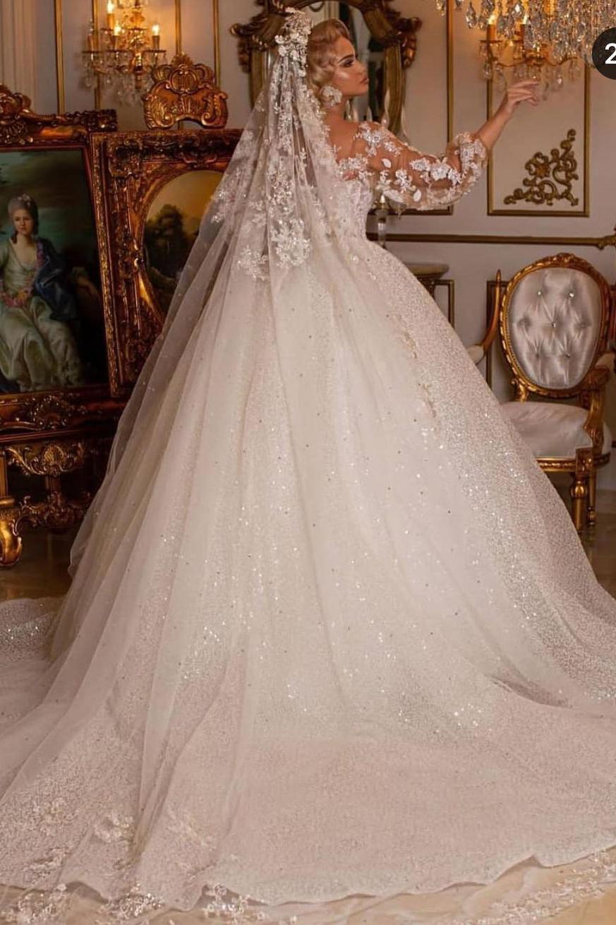 Luxury Long Ball Gown Wedding Dress With Puffy Sleeves and Appliques-BallBride