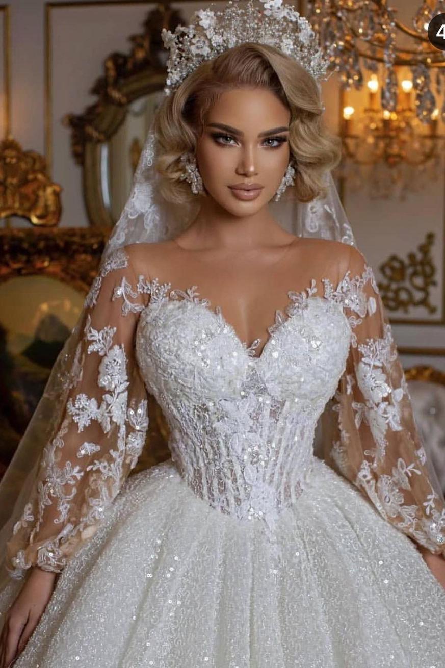 Luxury Long Ball Gown Wedding Dress With Puffy Sleeves and Appliques-BallBride