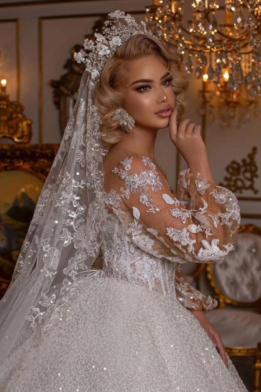 Luxury Long Ball Gown Wedding Dress With Puffy Sleeves and Appliques-BallBride