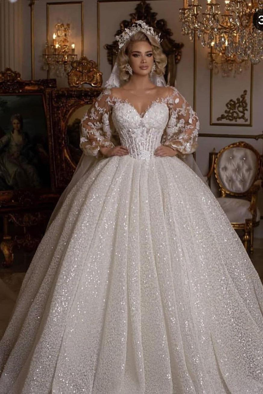 Luxury Long Ball Gown Wedding Dress With Puffy Sleeves and Appliques-BallBride