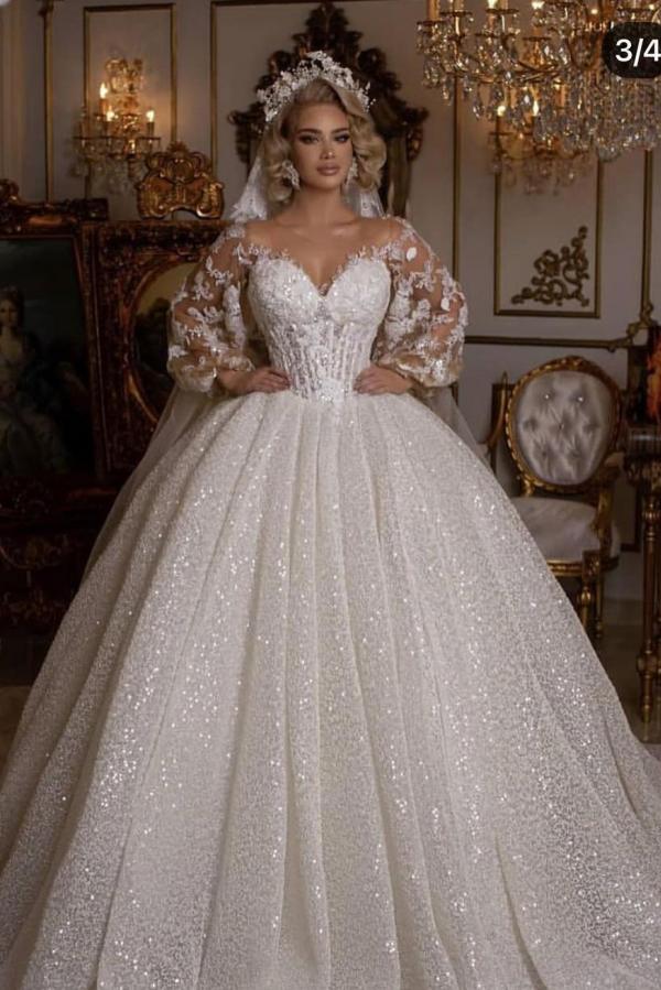 Luxury Long Ball Gown Wedding Dress With Puffy Sleeves and Appliques-BallBride