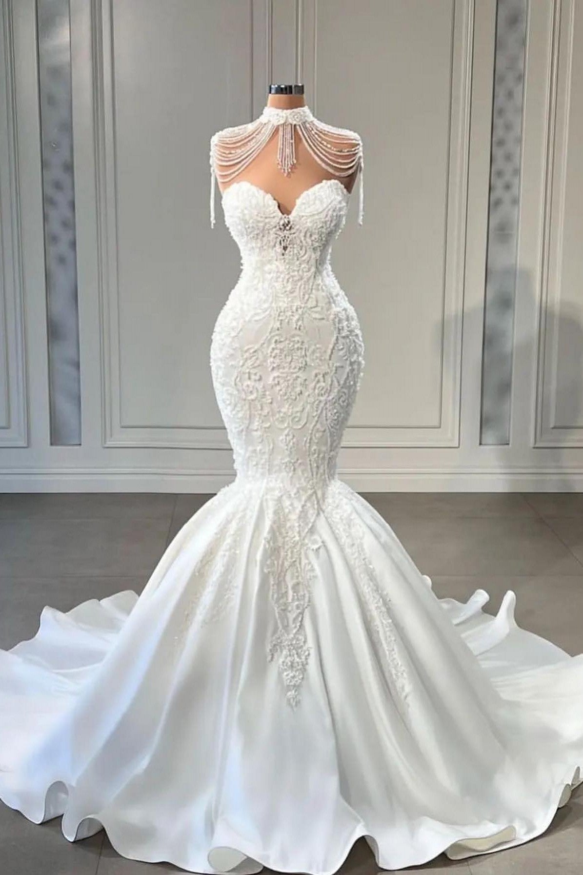 Luxury Long Mermaid Sweetheart Satin Pearl Wedding Dress with Lace-BallBride