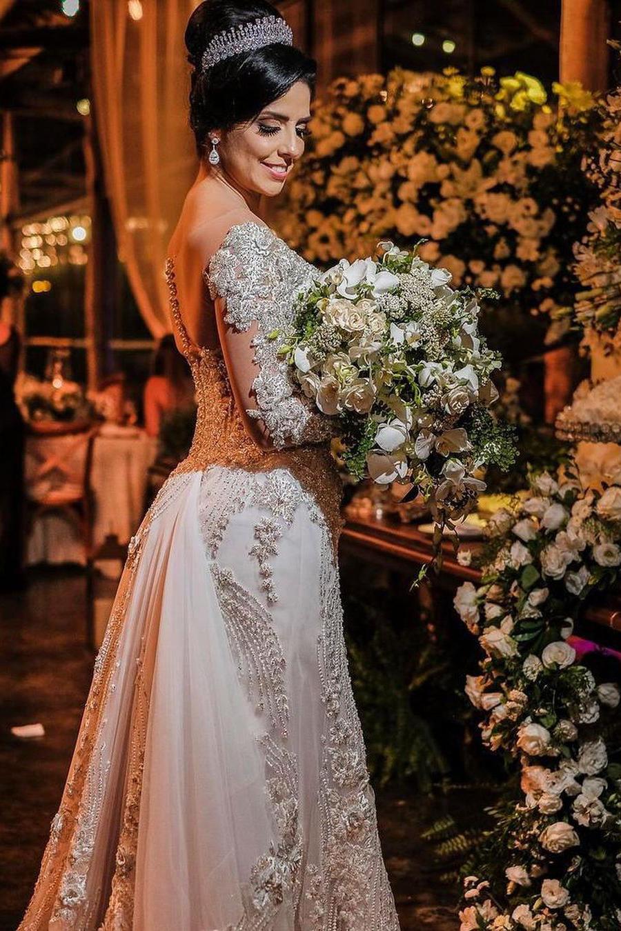 Luxury Long Sleeves Mermaid Off the shoulder Wedding Dress with Appliques Lace-BallBride