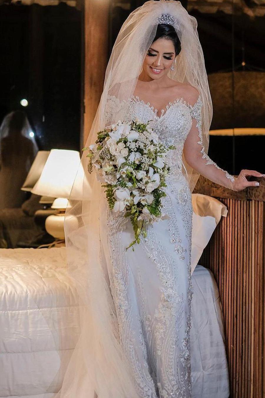 Luxury Long Sleeves Mermaid Off the shoulder Wedding Dress with Appliques Lace-BallBride