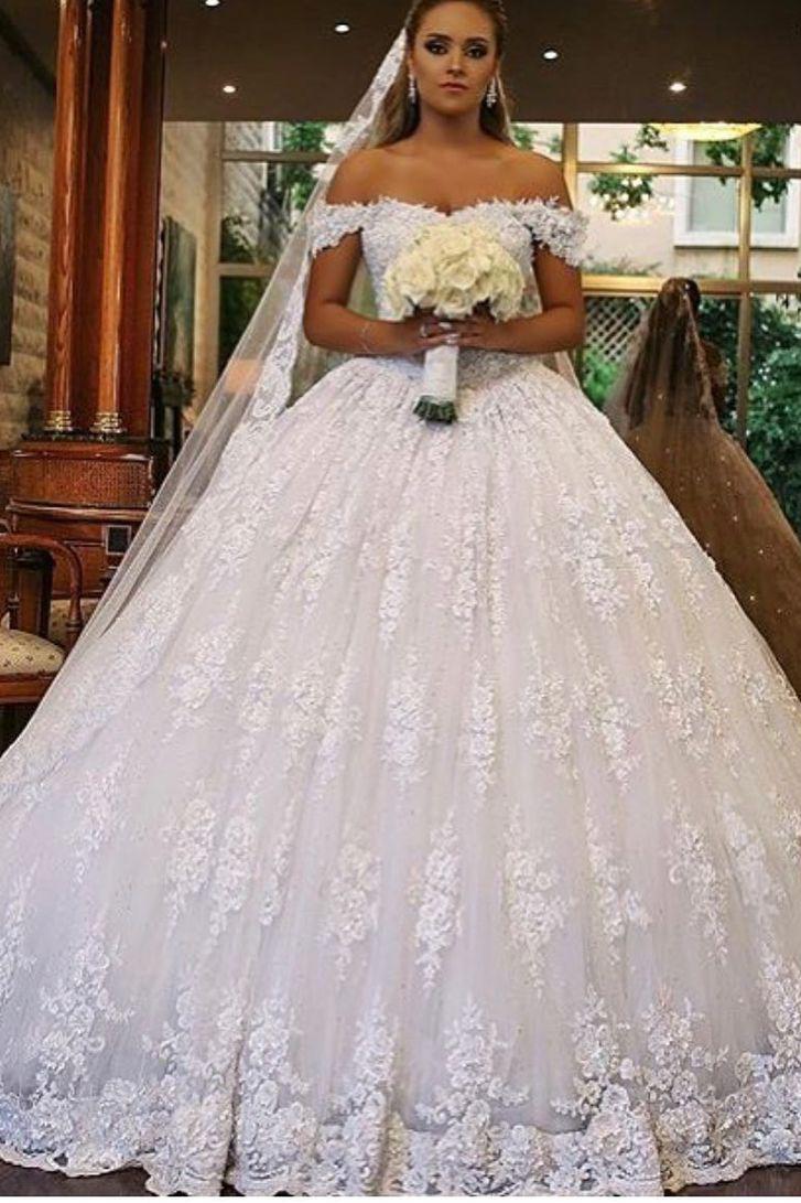 Luxury Off-the-shoulder Lace Wedding Dress With Train - Long Ball Gown-BallBride