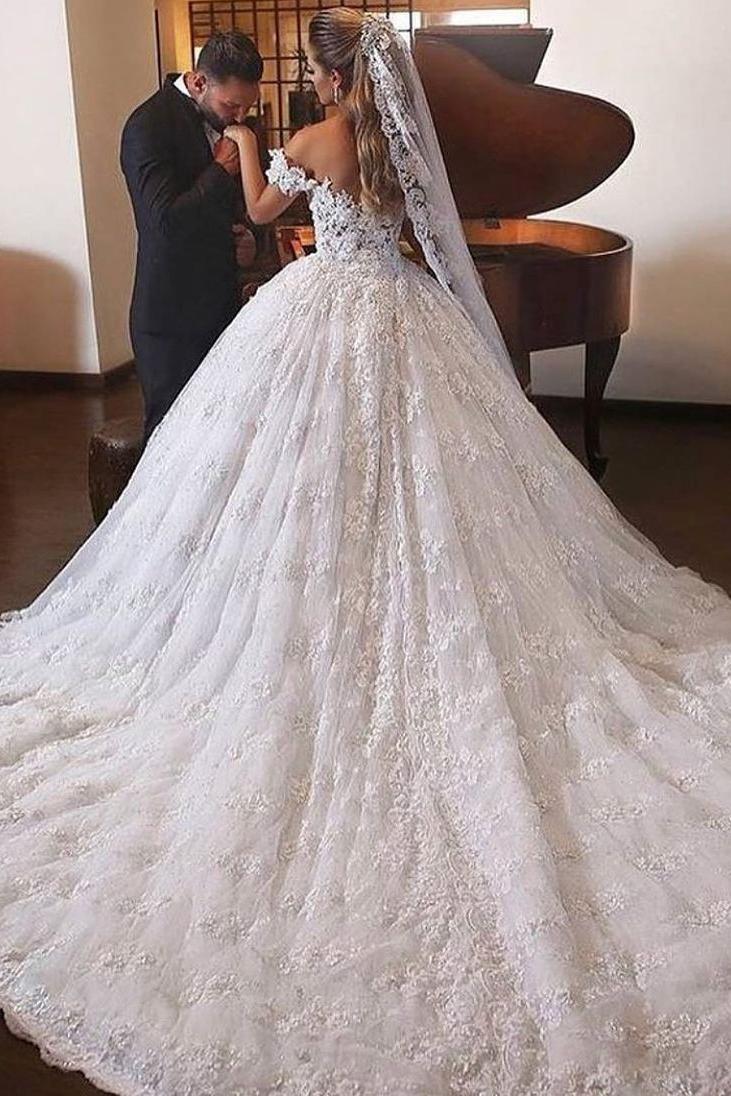 Luxury Off-the-shoulder Lace Wedding Dress With Train - Long Ball Gown-BallBride