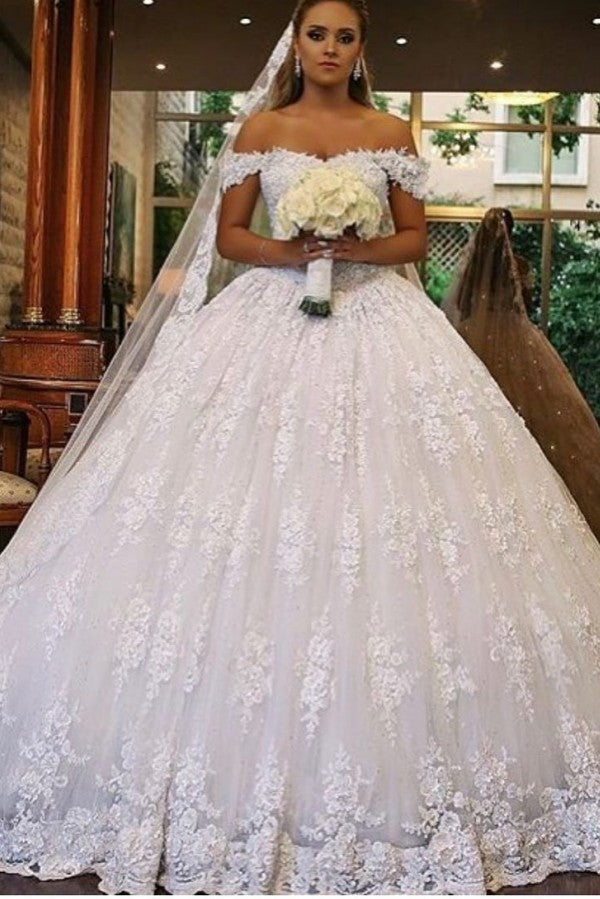 Luxury Off-the-shoulder Lace Wedding Dress With Train - Long Ball Gown-BallBride
