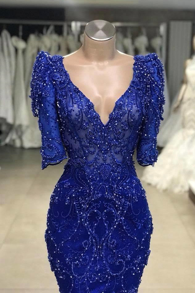 Luxury Royal Blue Half-Sleeve V-Neck Sheath Beadings Prom Dress-BallBride