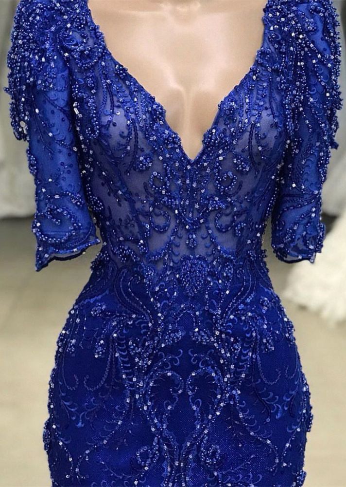 Luxury Royal Blue Half-Sleeve V-Neck Sheath Beadings Prom Dress-BallBride
