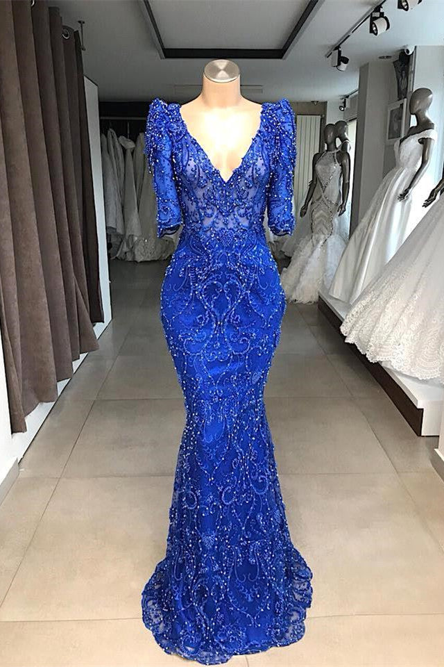 Luxury Royal Blue Half-Sleeve V-Neck Sheath Beadings Prom Dress-BallBride