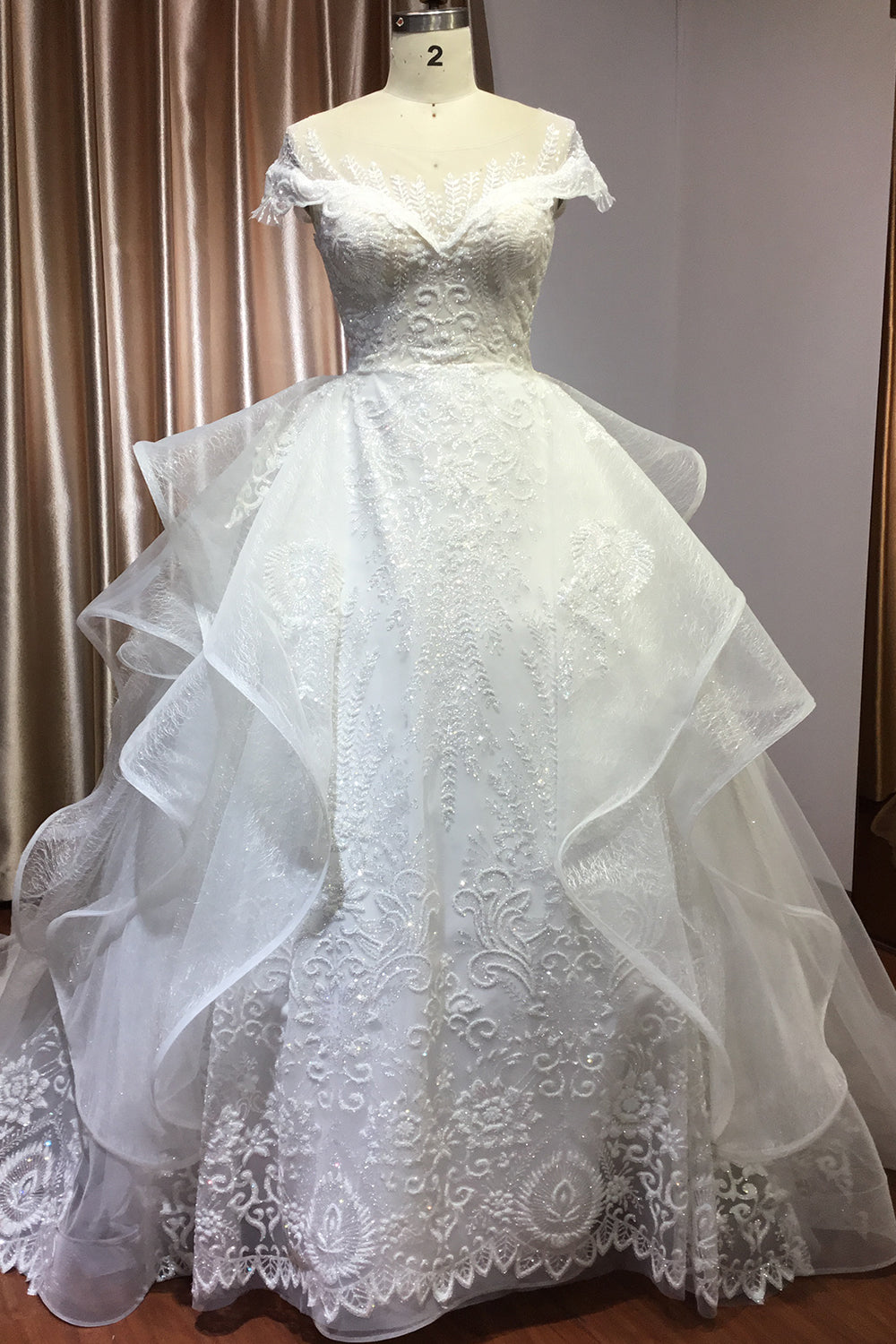 Luxury Sequins Appliques Ball Gown Wedding Dress With Tulle Ruffles-BallBride