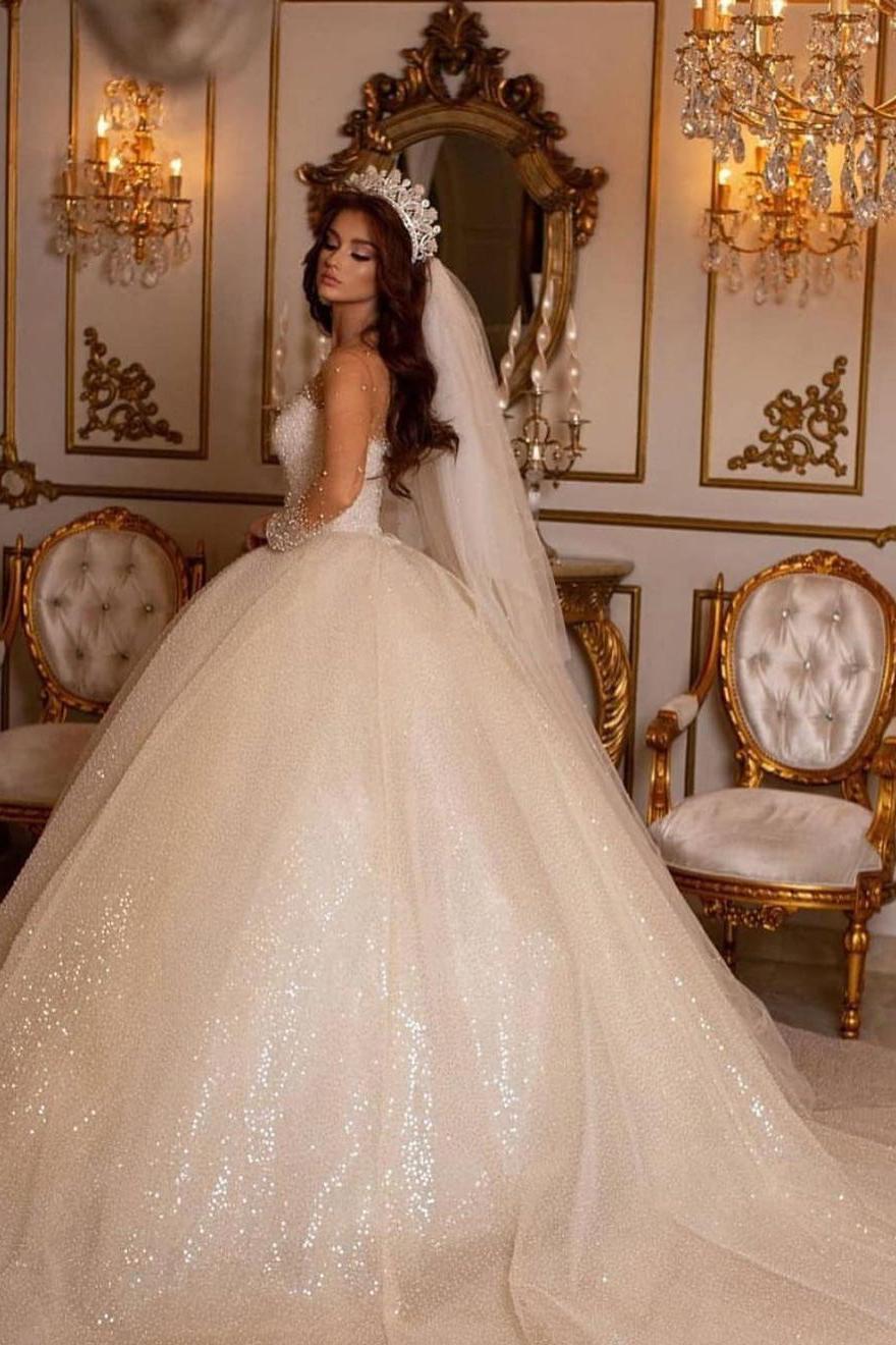 Luxury Sweetheart Wedding Dress with Long Sleeves and Ball Gown-BallBride