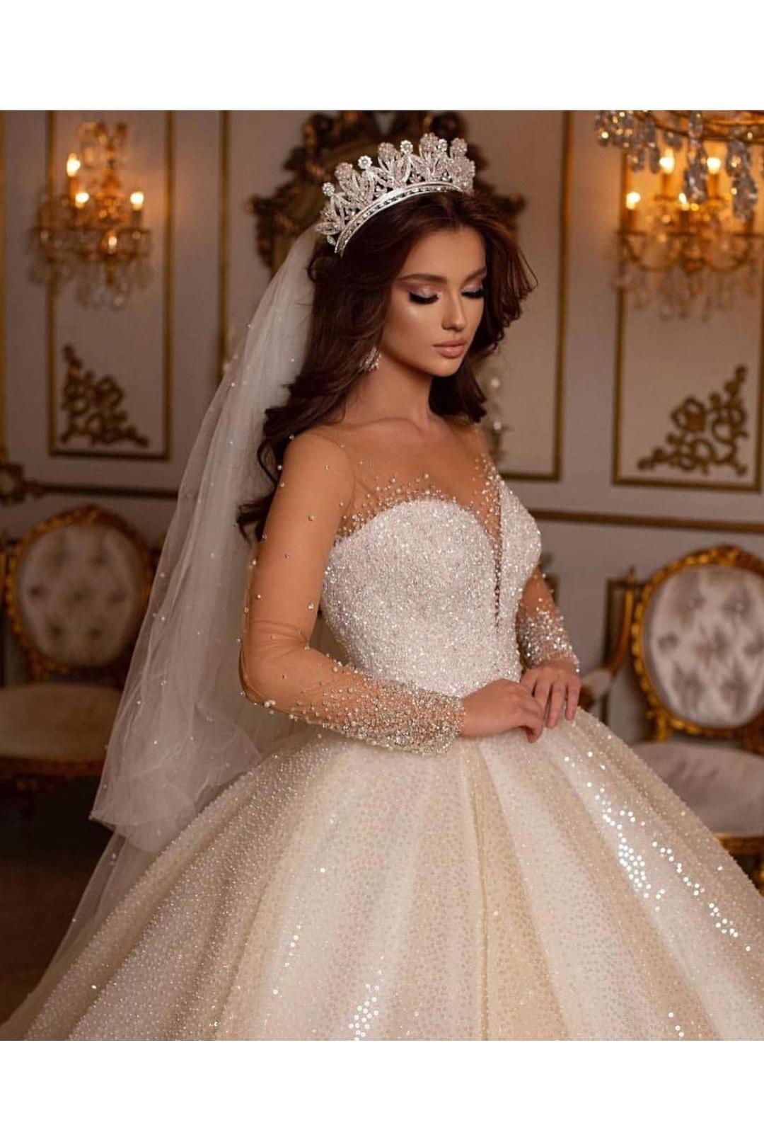 Luxury Sweetheart Wedding Dress with Long Sleeves and Ball Gown-BallBride